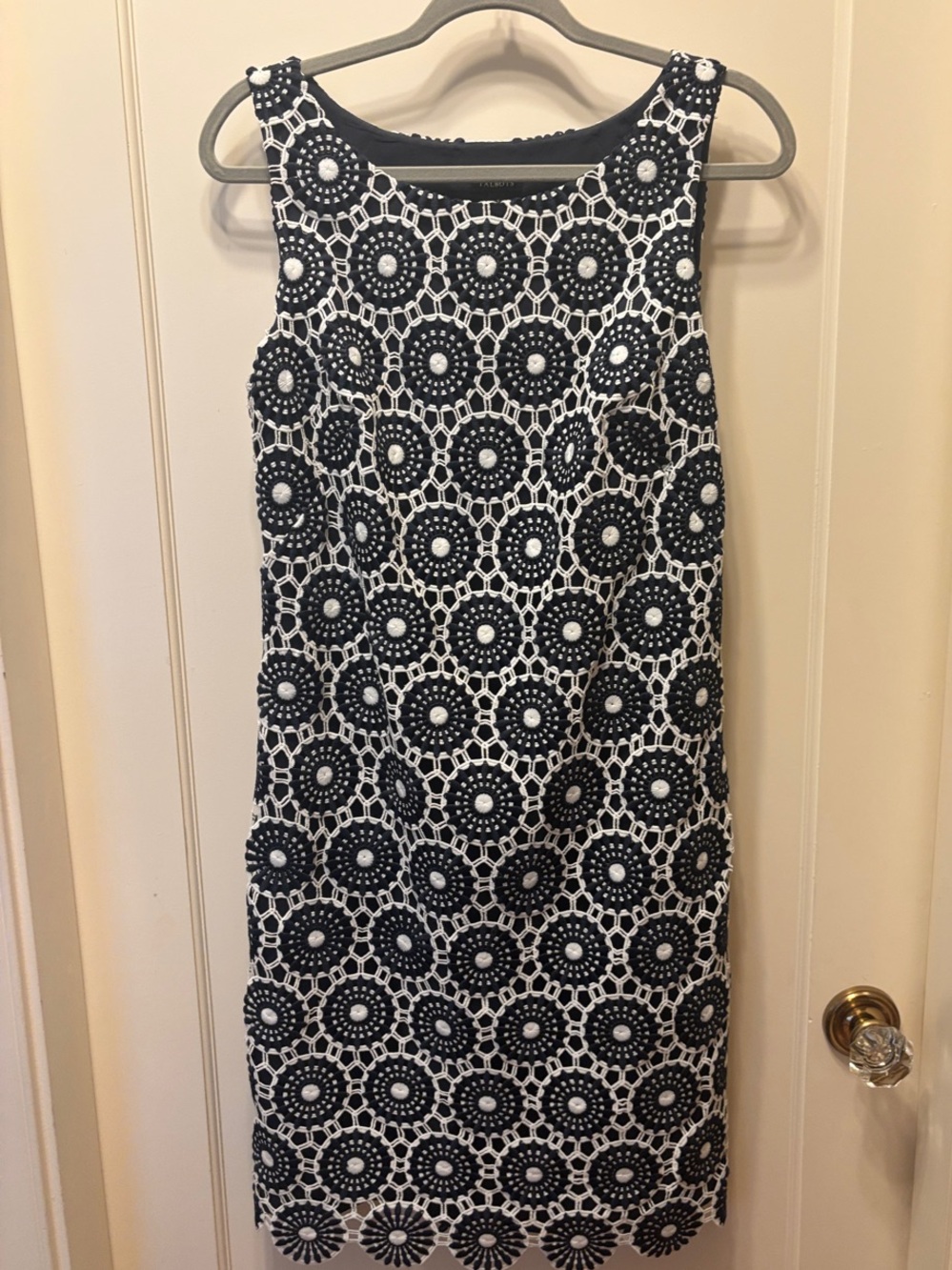 Sleeveless Navy and White Crochet Sheath Dress
